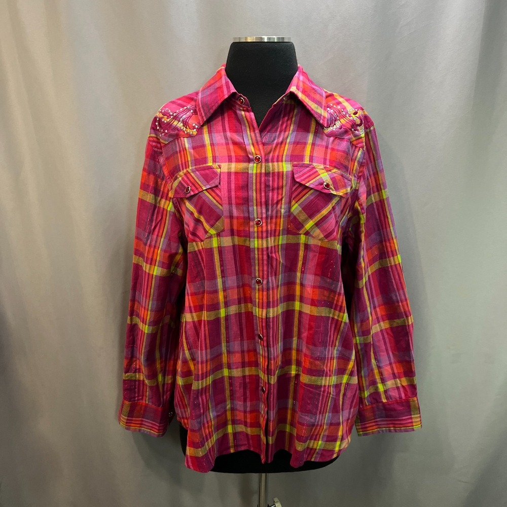 Gibson Western Shirt Womens Large Multicolor Plaid Cotton Rhinestone Embroidered